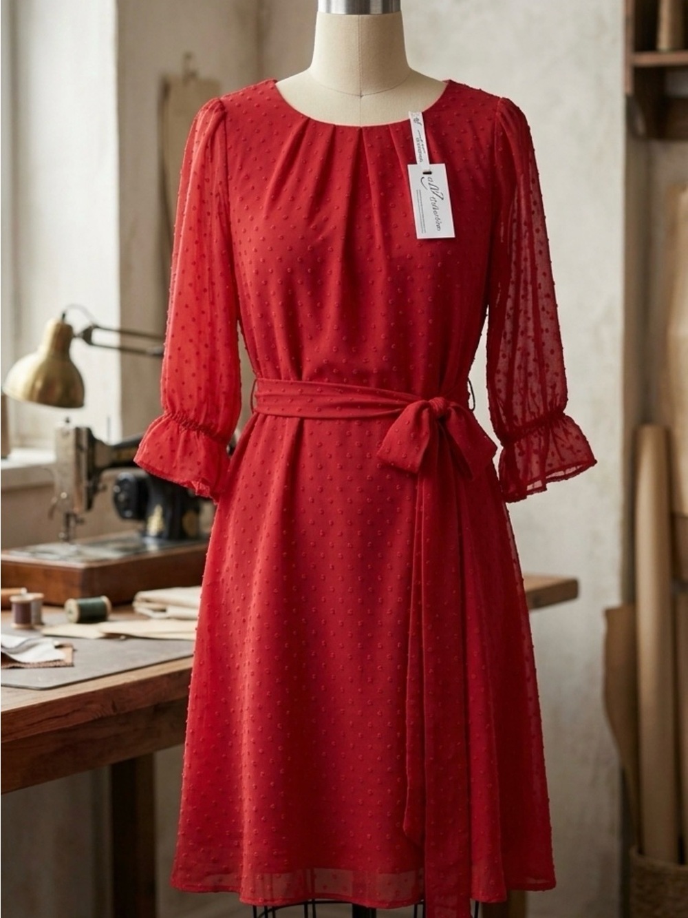 NY Collection Red Swiss Dot Belted Chiffon Dress